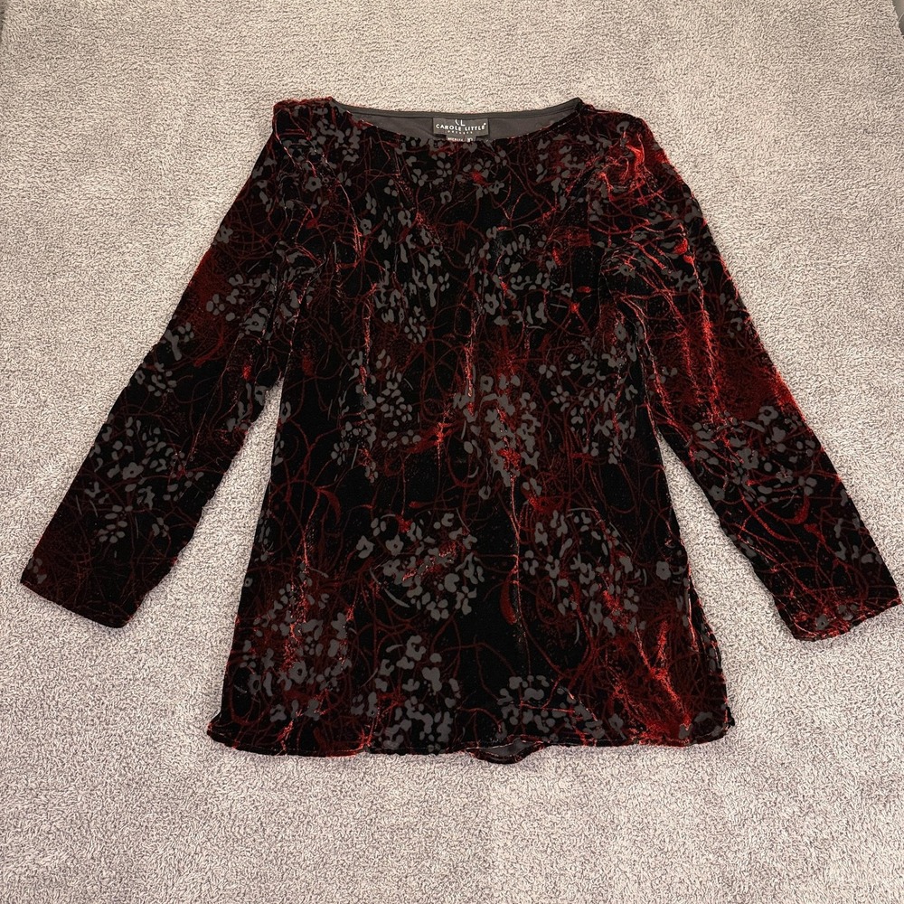 VTG Carole Little Top 10 Black Red Burnout Velvet Floral‎ Witchy Whimsigoth Goth